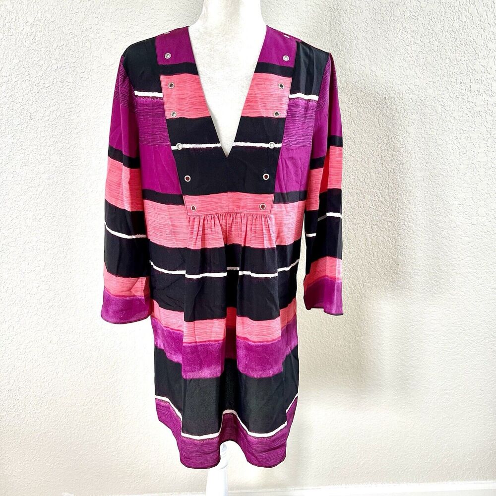 Ivanka Trump Size S/M Chunky Pink Black Color Block Stripe V Neck Swing Dress